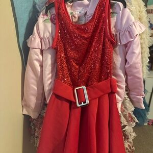 Holiday ruby red belted leotard swing dress with sequins fun girls fancy medium